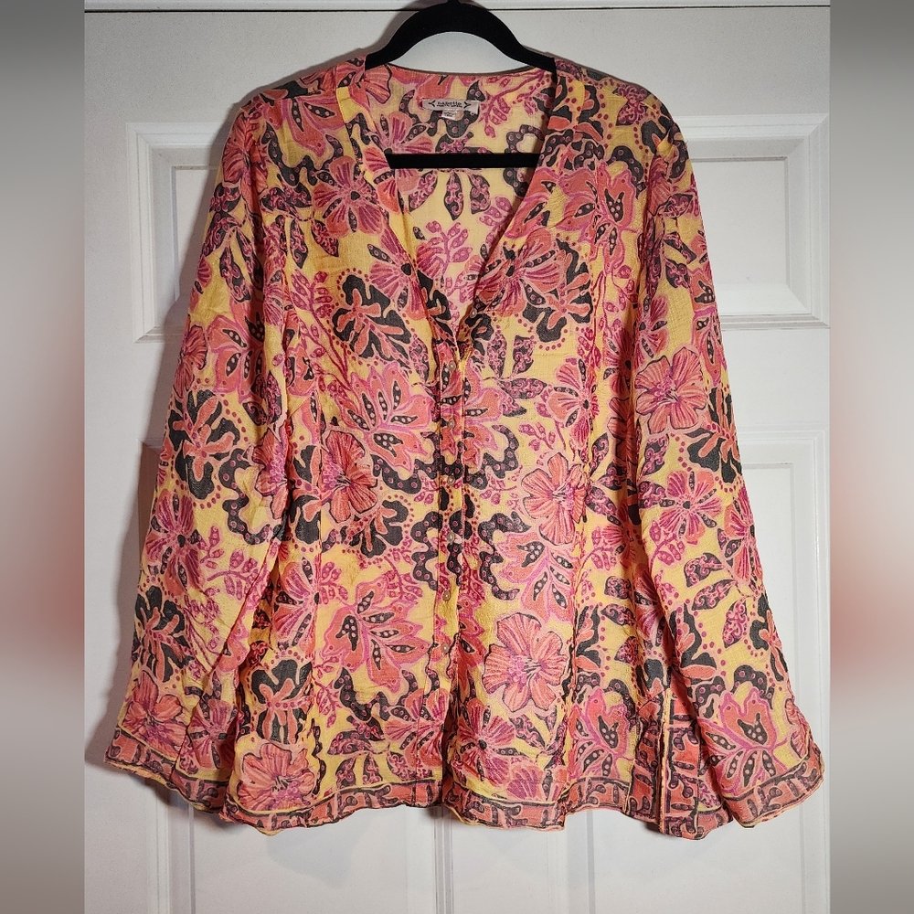 Nanette Lepore Lightweight Pink And Yellow Floral Button Up Blouse XL